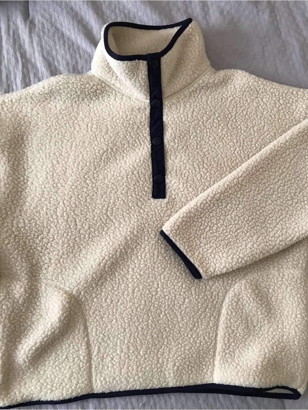 J. Crew Cream Sherpa Zip-Neck Pullover with Navy Trim